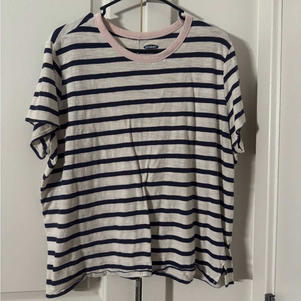 Old Navy Navy and White Striped Tee with Pink Collar